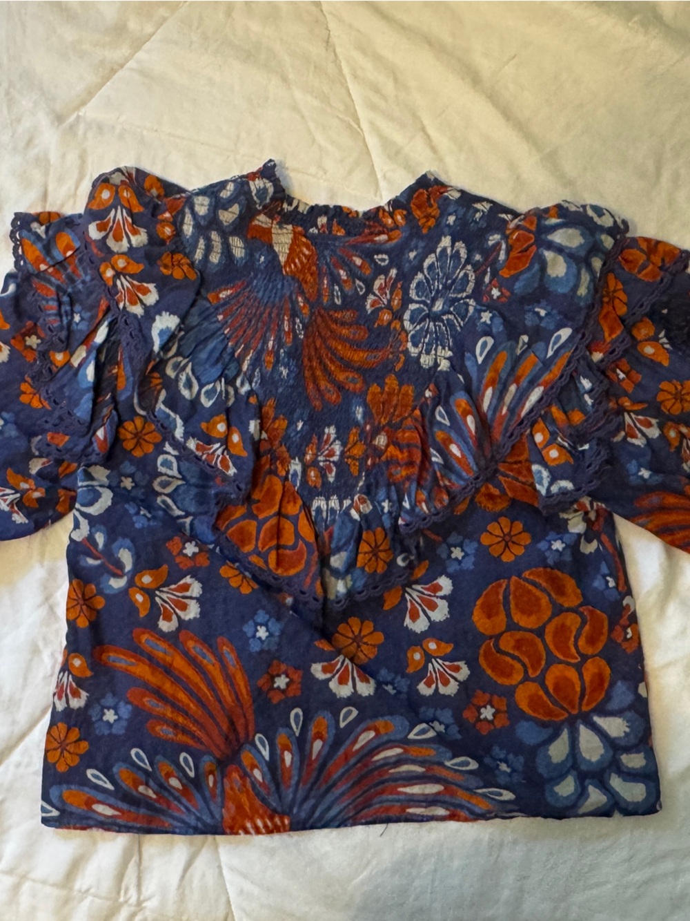 FARM Rio Navy Blouse with Orange and Light Blue Floral Print Medium Parrot Print